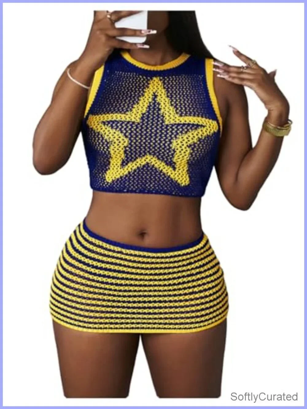 2 Piece Crochet Skirt Set Star Print Crop Tank Top Bodycon Short Skirt